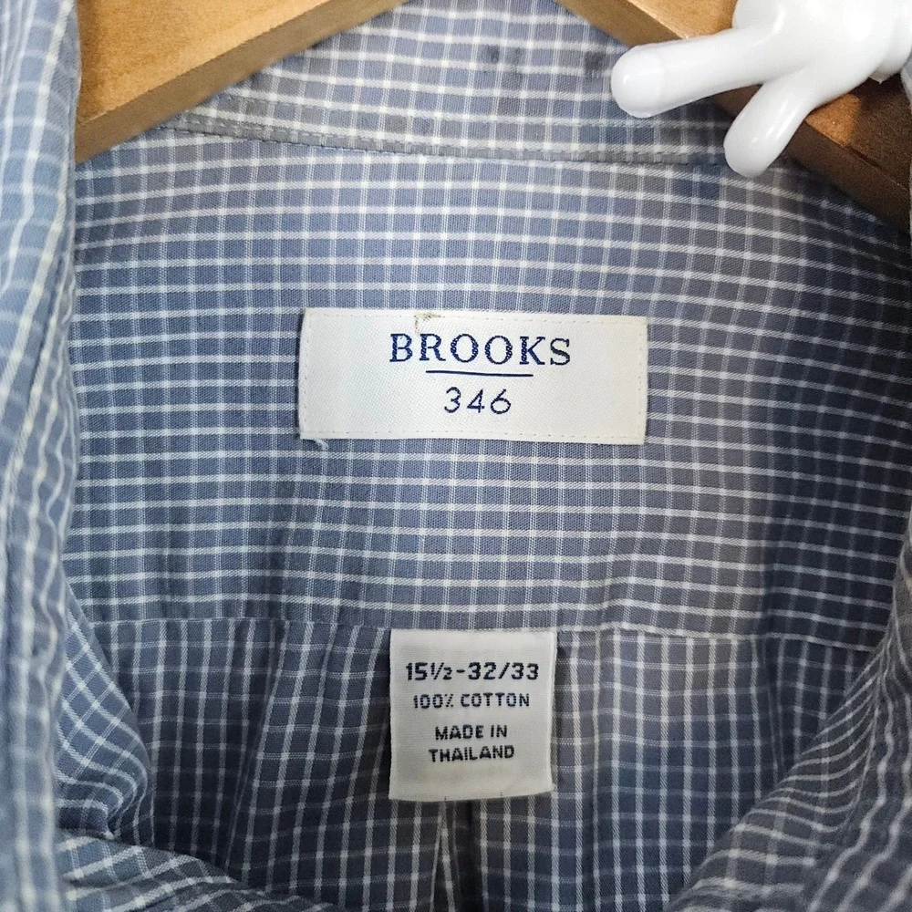 Brooks 346 Men's Gray Checks Dress Shirt Size M 15 1/2 - 32/33 100% Cotton STAIN